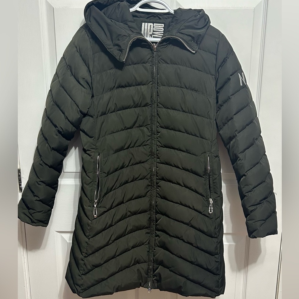Dark Green Black Puffer Coat with Hood